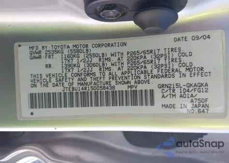 2005 Toyota 4Runner Sr5 V6 из США, поврежденный, VIN JTEBU14R150058438